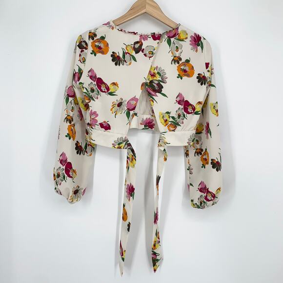 ZARA Floral Balloon Sleeve Blouse Faux Wrap Ruffle Trim Cropped Top - Picture 11 of 12